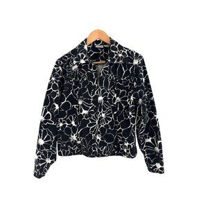 Chico's Size 1 = Medium/8 Black & White Floral Print‎ Full Zip Jacket Top Cotton